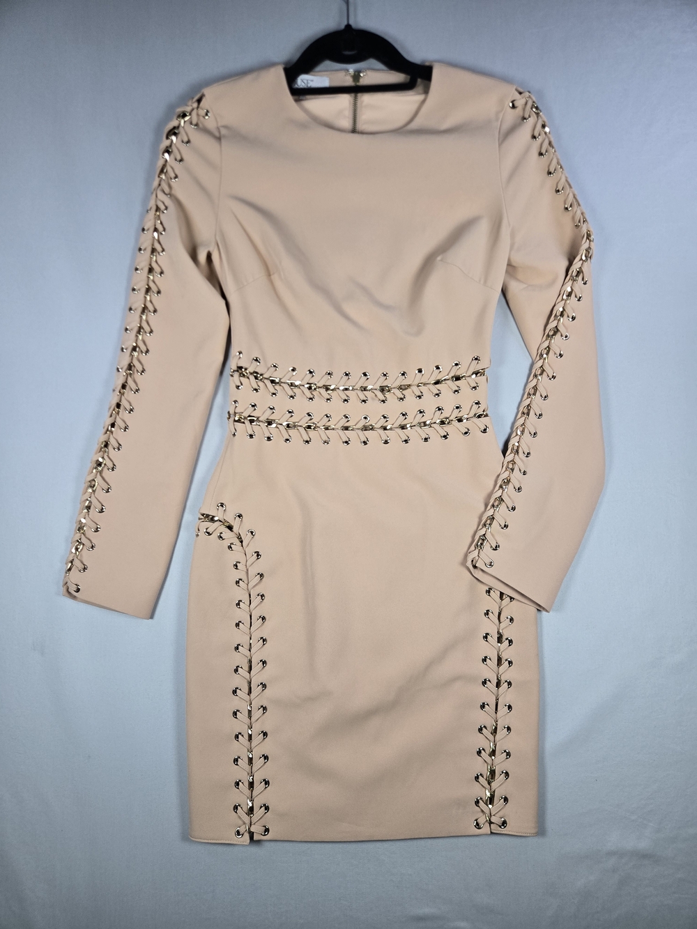 House of CB Anuki Nude Long Sleeve Chain Lace Up Baddie Sheath Mini Dress XS